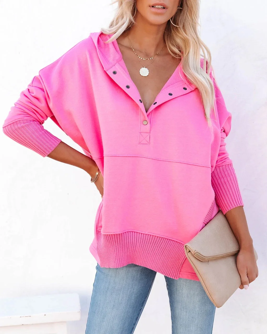 Brenda casual effen sweatshirt met V-hals en vleermuismouwen