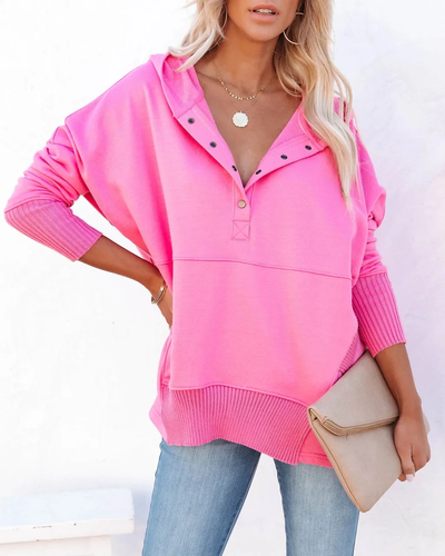 Brenda casual effen sweatshirt met V-hals en vleermuismouwen