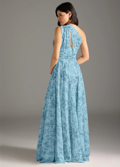Elegante lange damesjurk met asymmetrische halslijn en bloemendessin