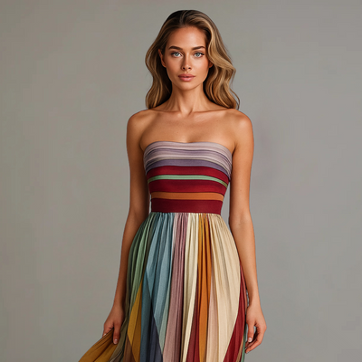 Elegante strapless maxi jurk met plooien en verloop effect