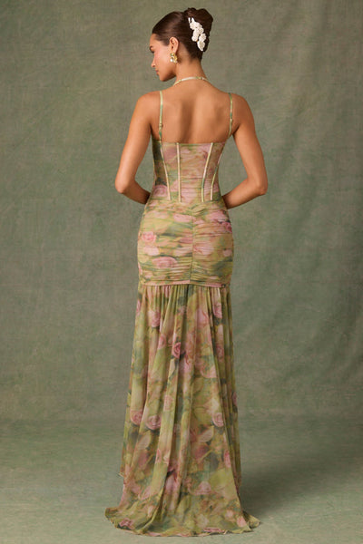 Asymmetrische maxi jurk met smalle bandjes en verfijnde print