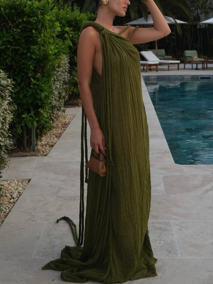 Elegante maxi jurk met off shoulder stijl en gevlochten detail