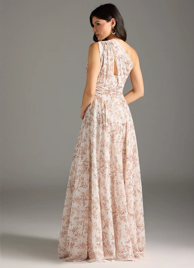 Elegante lange damesjurk met asymmetrische halslijn en bloemendessin
