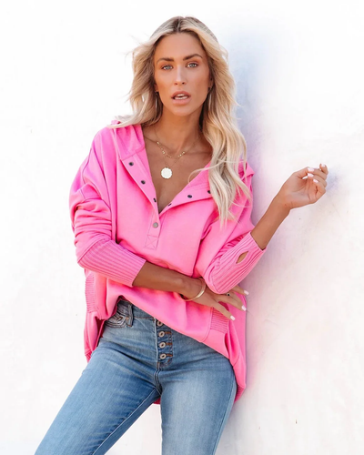 Brenda casual effen sweatshirt met V-hals en vleermuismouwen