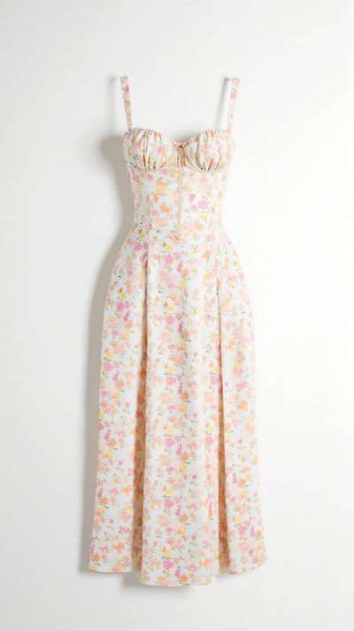 Elegante midi jurk zonder mouwen met bloemenmotief