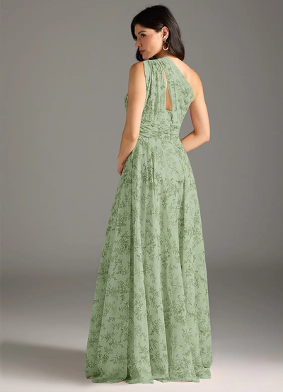 Elegante lange damesjurk met asymmetrische halslijn en bloemendessin