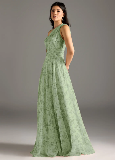 Elegante lange damesjurk met asymmetrische halslijn en bloemendessin