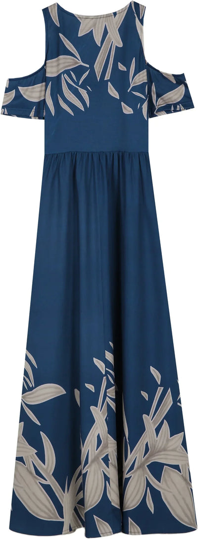 Fiona - Kobaltblaues Sommer-Maxikleid mit plissiertem V-Ausschnitt und kalten Schultern