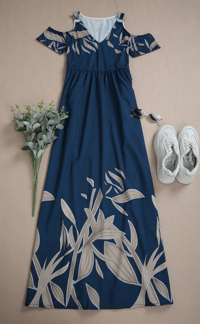 Fiona - Kobaltblaues Sommer-Maxikleid mit plissiertem V-Ausschnitt und kalten Schultern