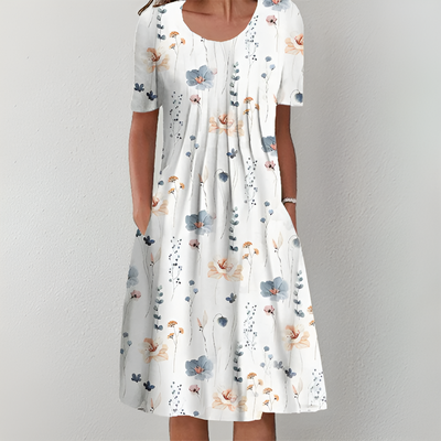 Klassieke midi damesjurk met bloemenprint en korte mouwen