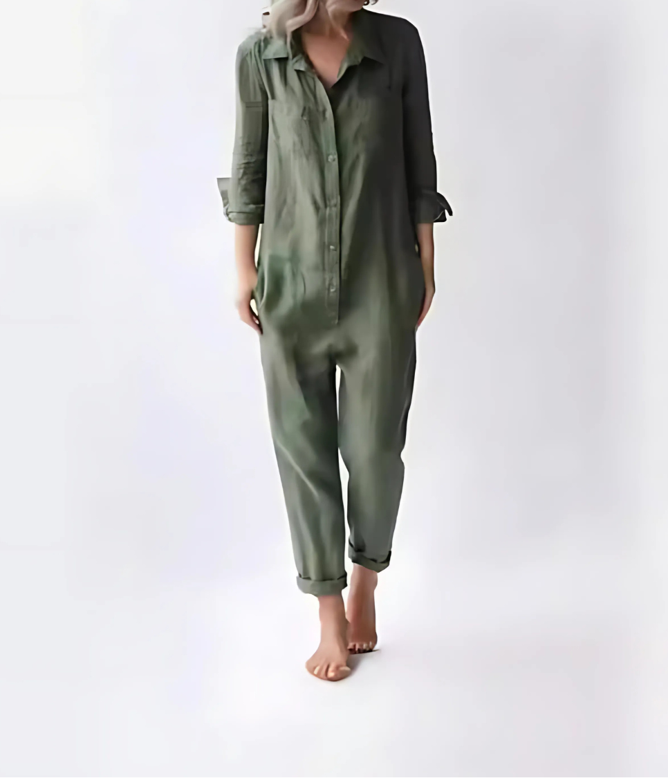 Lange damesjumpsuit met knoopdetails en lange mouwen voor een moderne en luchtige stijl