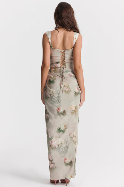 Vintage set met bloemenprint bestaande uit top met vetersluiting en lange rok