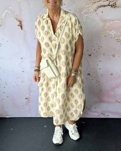Elegante midi overhemdjurk met korte mouwen in boho stijl