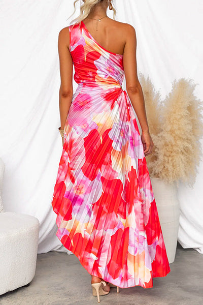 Elegante geplooide zomerjurk met asymmetrische schouderlijn