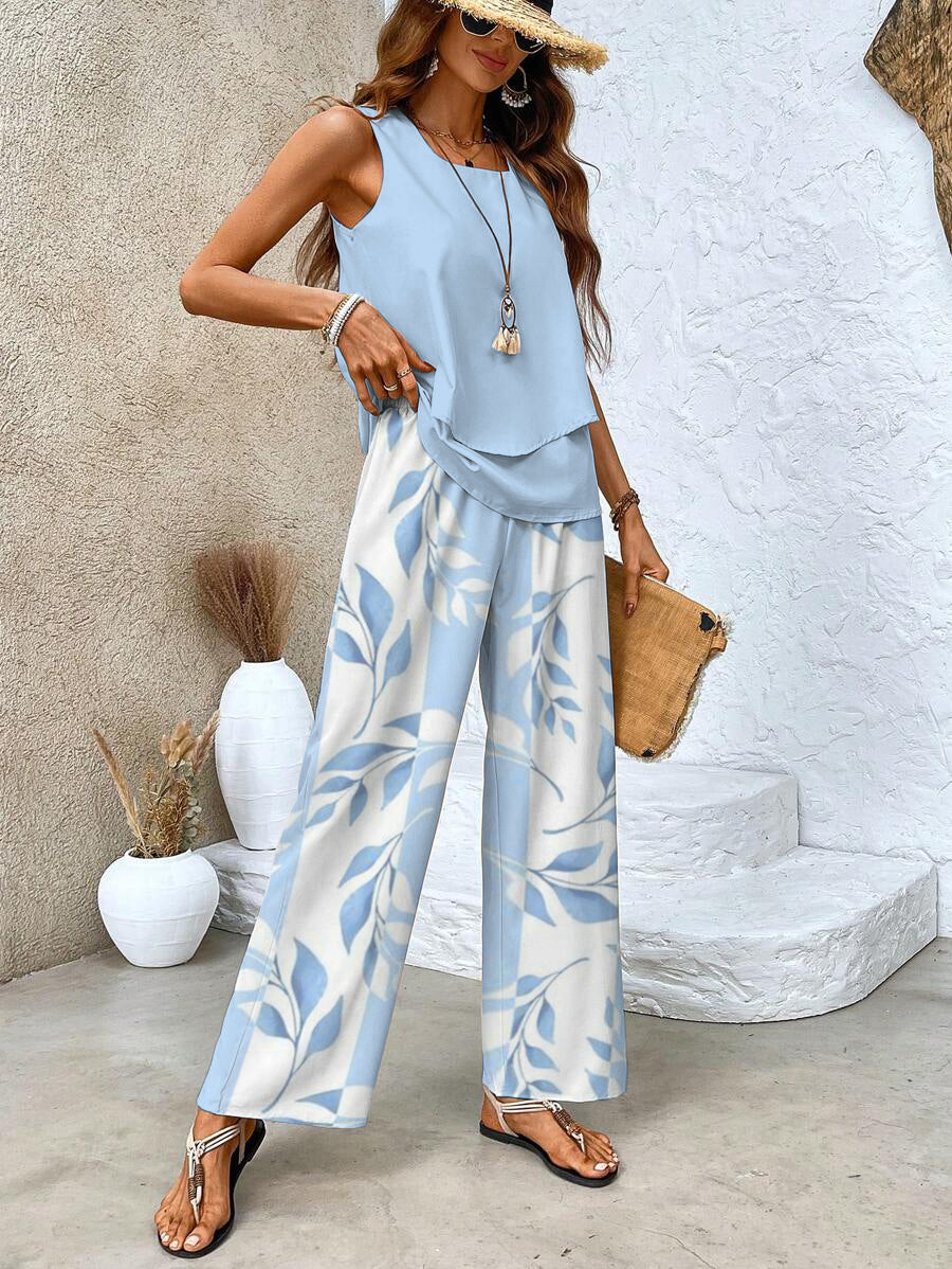 Zomers dames set met mouwloze top en wijde broek voor een elegante uitstraling