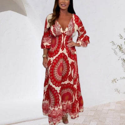 Lange bohemian damesjurk in retrostijl met diepe V-hals voor zomerse dagen