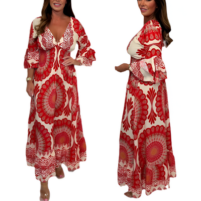 Lange damesjurk in retro boho stijl met diepe V-hals en vloeiend silhouet
