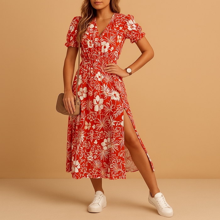 Casual maxi jurk met korte mouwen V-hals en split aan de zijkant