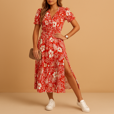 Casual maxi jurk met korte mouwen V-hals en split aan de zijkant