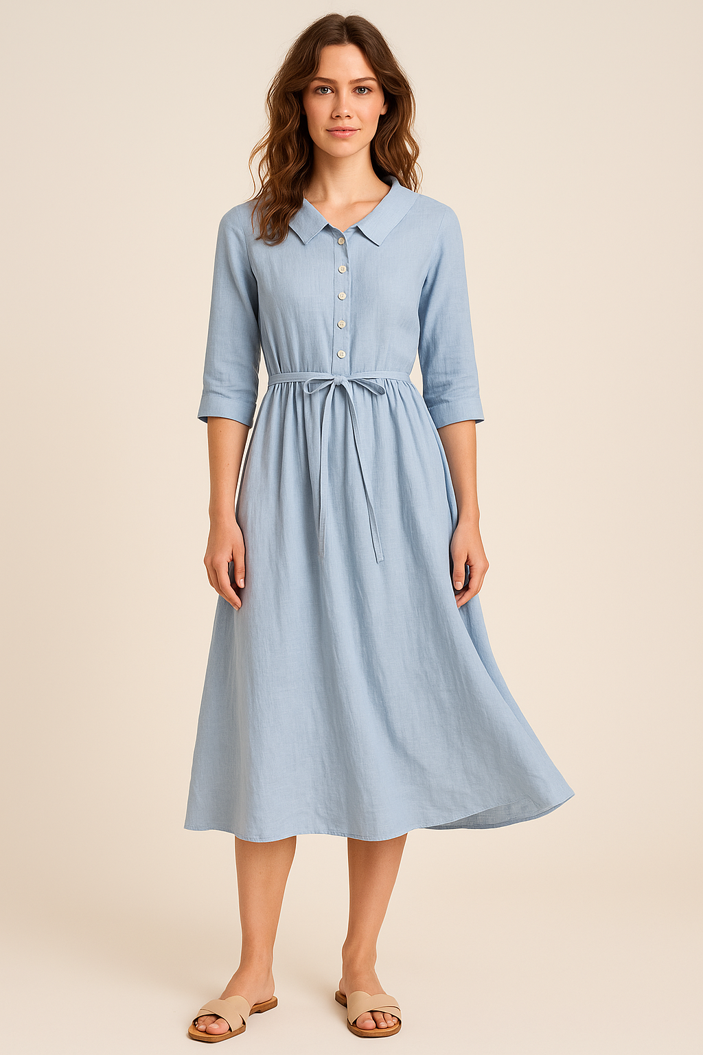 Elegante retro midi-jurk met knopen en driekwart mouwen voor een tijdloze uitstraling