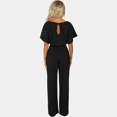 Elegante dames jumpsuit met korte mouwen ceintuur en wijde pijpen