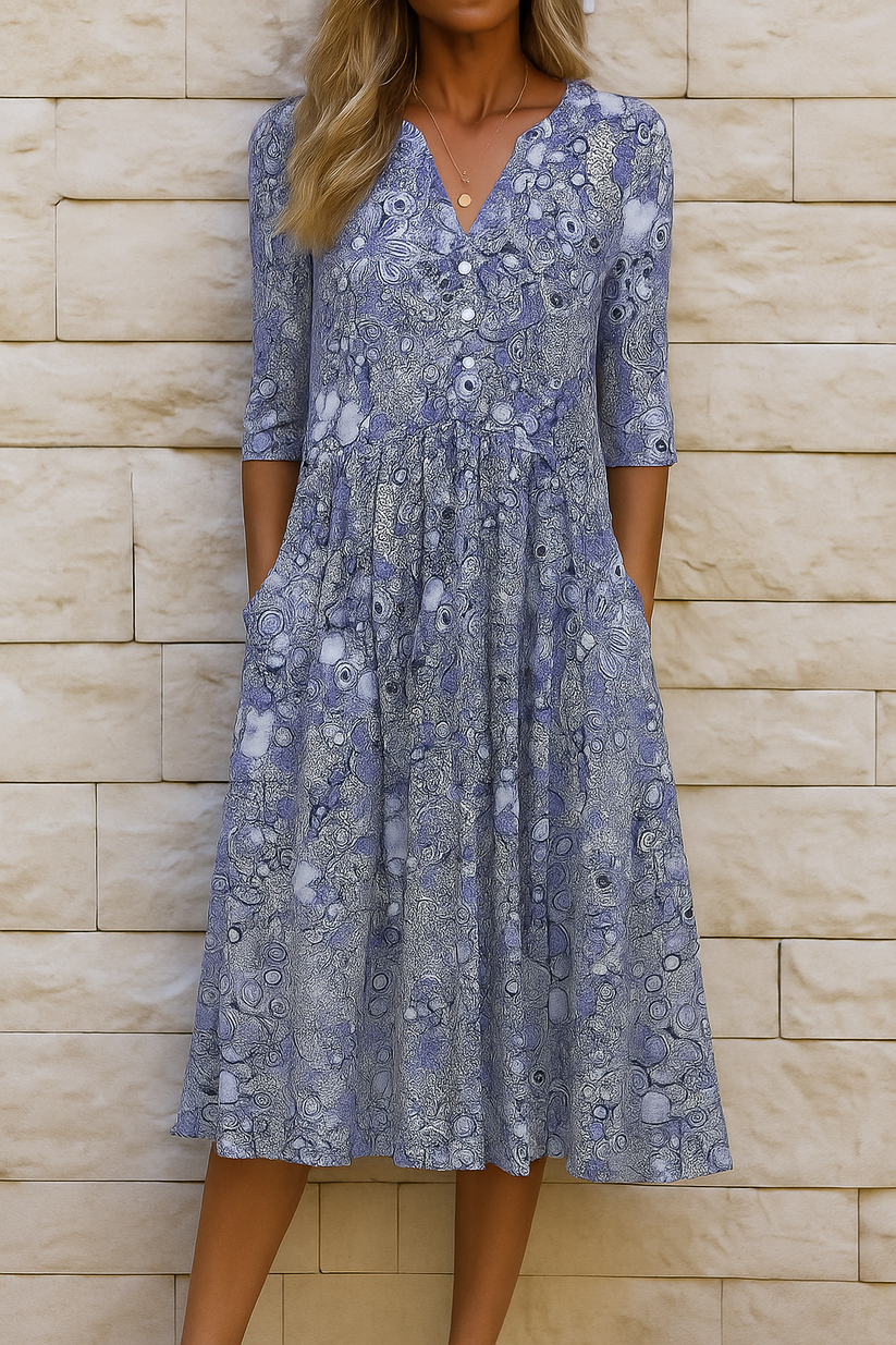 Elegante jurk met V hals en korte mouwen in midi lengte