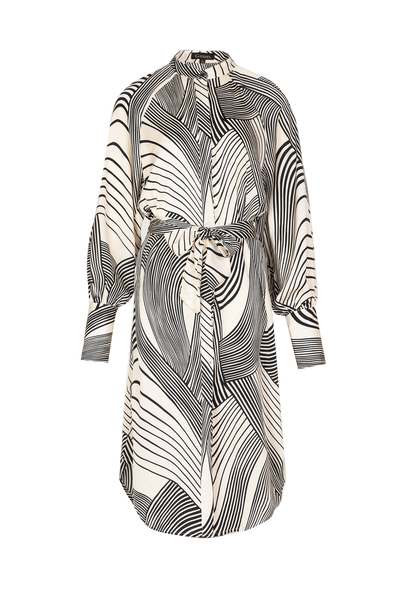 Modieuze en elegante midi jurk met lange mouwen en grafisch patroon