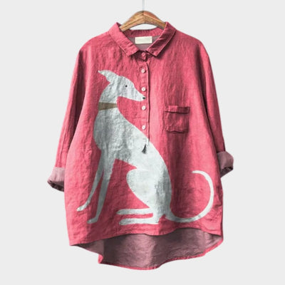Wijdvallende blouse met halve knopen en speelse hondenprint