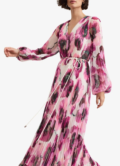 Elegante geplisseerde maxi jurk met bloemenprint en lange mouwen