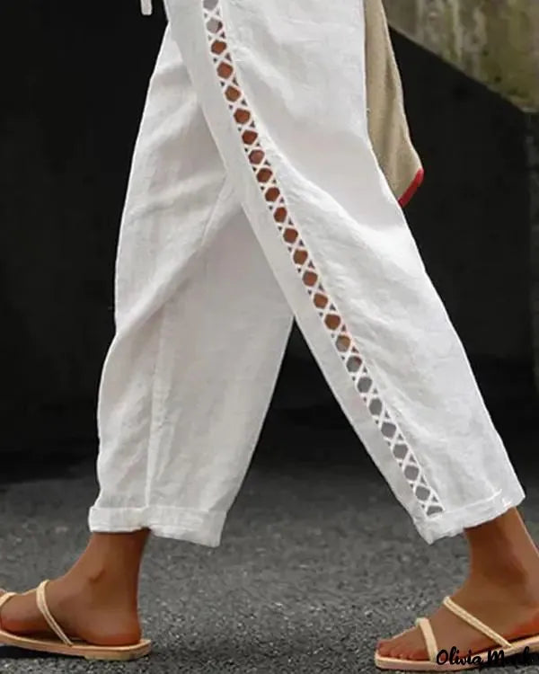 Naomi - Casual broek met kanten rand en opgestikte holle zakken