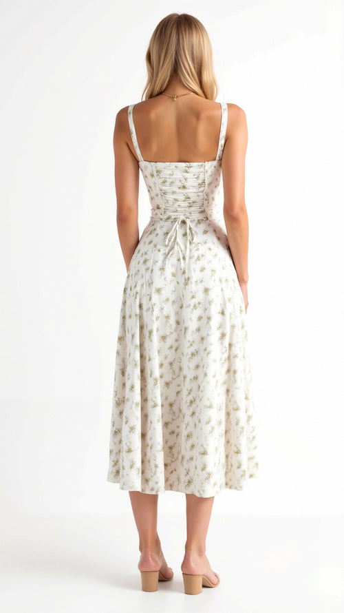 Elegante midi jurk zonder mouwen met bloemenmotief