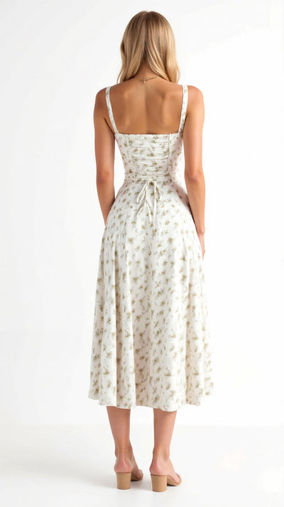 Elegante midi jurk zonder mouwen met bloemenmotief