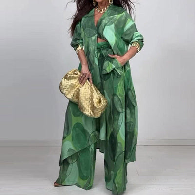 Tweedelige dames set met geprinte blouse met lange mouwen en wijde broek