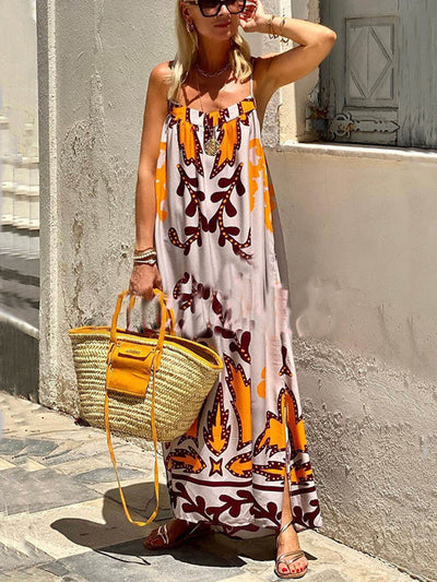Losvallende maxi-jurk met etnische print en fijne bandjes voor een zomerse boho look