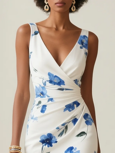 Mouwloze midi jurk met print en V-hals voor dames