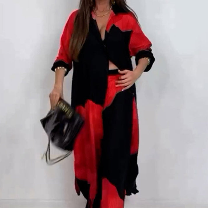 Set met lange blouse en broek met volledige knoopsluiting