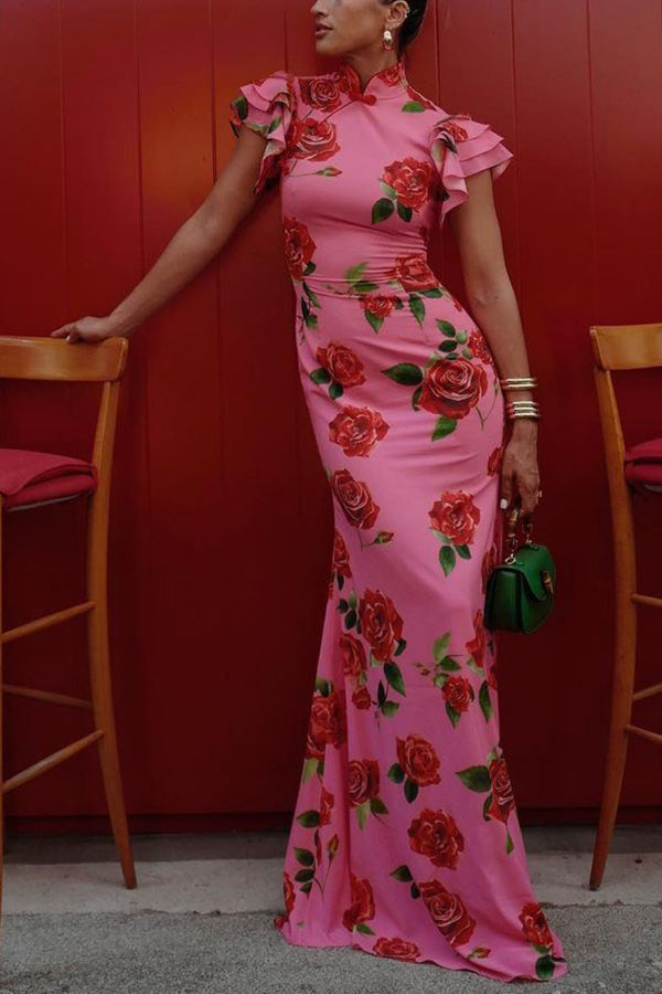 Lange damesjurk in cheongsam-stijl met bloemenprint en wijde mouwen in lagen