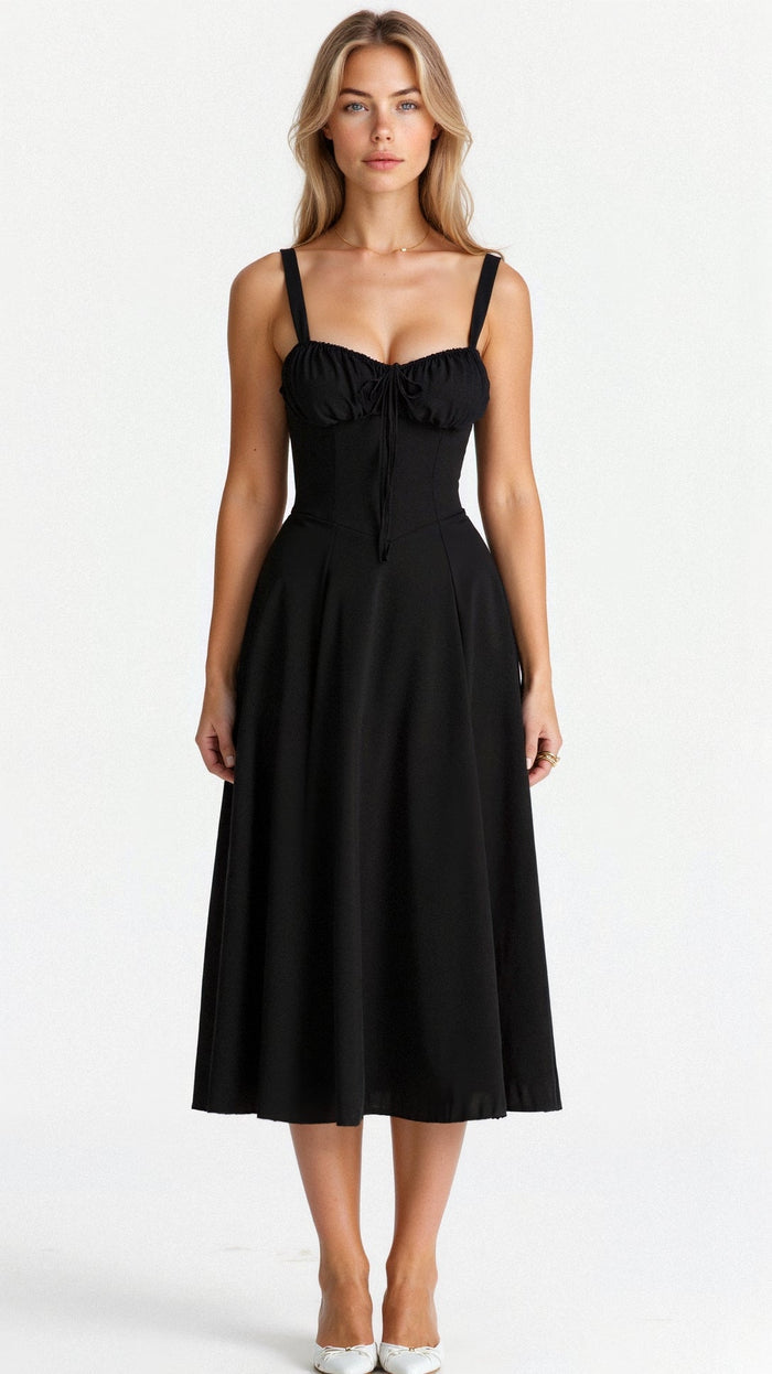 Elegante midi jurk met corset look en stijlvolle uitstraling