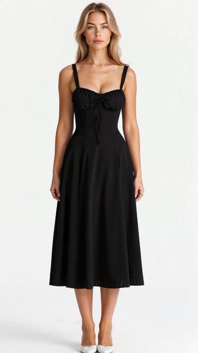 Elegante midi jurk met corset look en stijlvolle uitstraling