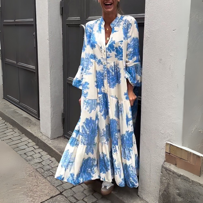 Lange damesjurk met wijde pasvorm en lange mouwen in boho stijl