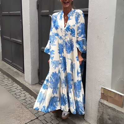 Lange damesjurk met wijde pasvorm en lange mouwen in boho stijl