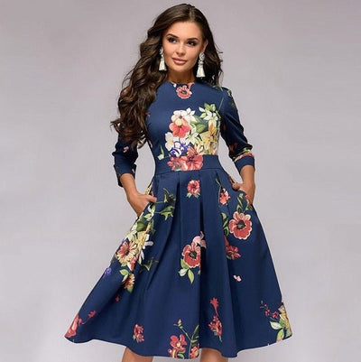 Elegante dames A-lijn jurk met print en driekwart mouwen