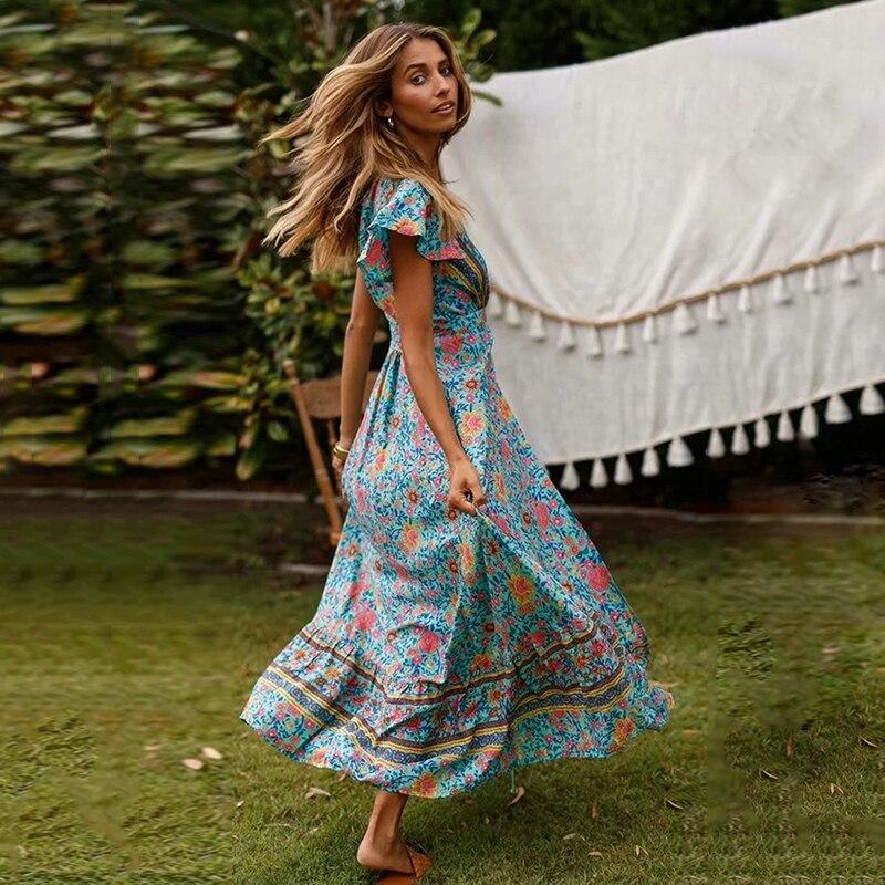 Bohemian lange jurk met korte mouwtjes en elegante stijl