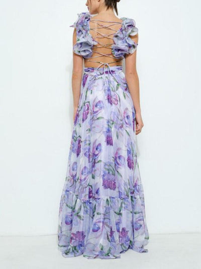 Maxi jurk met open rug en fijne bloemenmotieven in romantische stijl