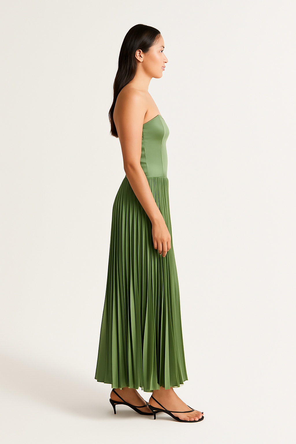 Elegante strapless midi jurk met geplooide rok
