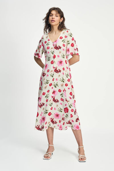 Elegante midi damesjurk met bloemenprint knopen en korte mouwen