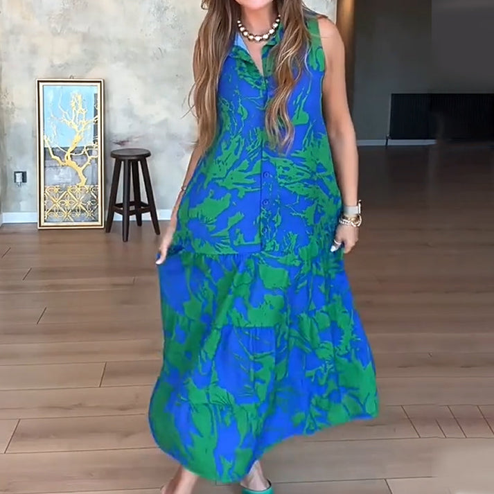 Zomerse maxi jurk zonder mouwen met knoopdetail en omslag