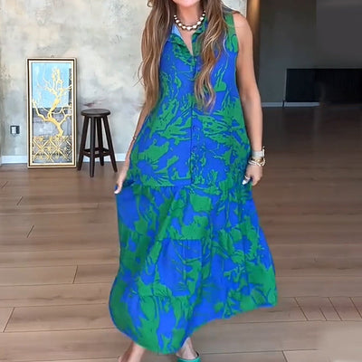 Zomerse maxi jurk zonder mouwen met knoopdetail en omslag