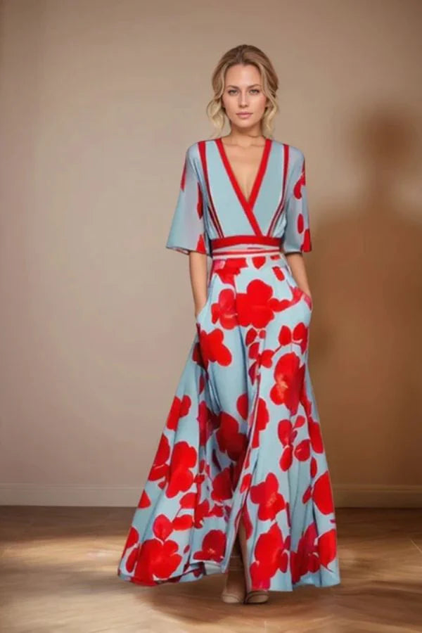 Lang dames maxi jurk met ceintuur en korte mouwen