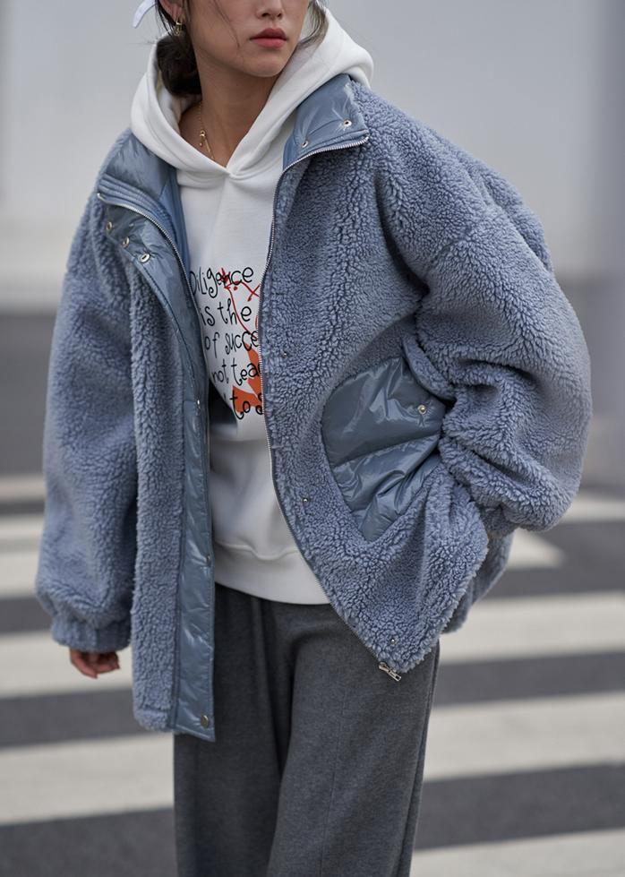 Lange Blauwe Jas voor Dames - Losse Pasvorm met Opstaande Kraag en Patchwork